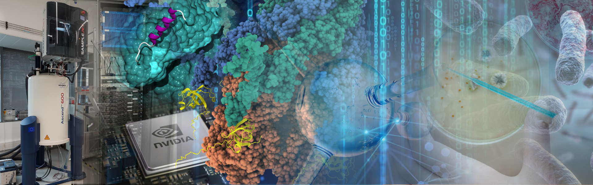 NMR spectrometer, GPU compute racks, protein structures, wet-lab glassware and bacterial cultures